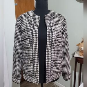 Silkland 100% Silk Houndstooth Jacket Large Black White Blazer